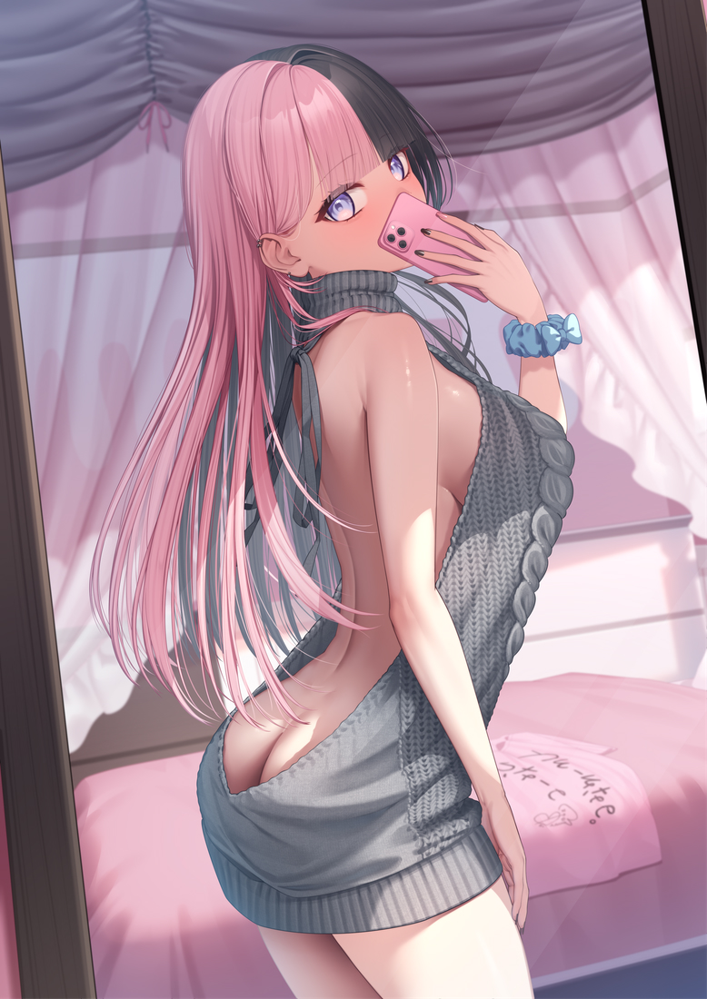 1girl ass backless_dress backless_outfit bare_back bed bedroom black_hair blue_eyes breasts butt_crack cellphone covering_own_mouth dress long_hair looking_at_viewer meme_attire multicolored_hair naked_sweater nikichiho phone pink_hair sideboob smartphone solo split-color_hair sweater sweater_dress tachibana_hinano_(vtuber) two-tone_hair virgin_killer_sweater virtual_youtuber vspo!