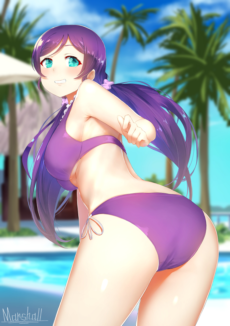 10s 1girl artist_name ass bikini blurry blush breasts depth_of_field female_focus from_behind green_eyes grin large_breasts long_hair looking_at_viewer looking_back love_live! love_live!_school_idol_festival love_live!_school_idol_project low_twintails marshall_(wahooo) palm_tree pool purple_bikini purple_hair scrunchie side-tie_bikini_bottom smile solo swimsuit tojo_nozomi tree twintails underboob