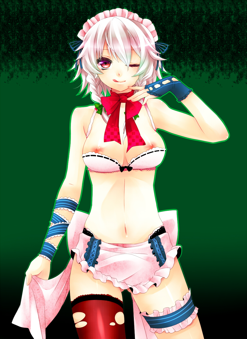 1girl apron bad_id bad_pixiv_id bra braid breasts cupless_bra female_focus highres izayoi_sakuya lingerie maid maid_apron maid_headdress medium_breasts nipples one_eye_closed shelf_bra short_hair silver_hair single_thighhigh solo thighhighs torn_clothes torn_thighhighs touhou twin_braids underwear wink yutazou