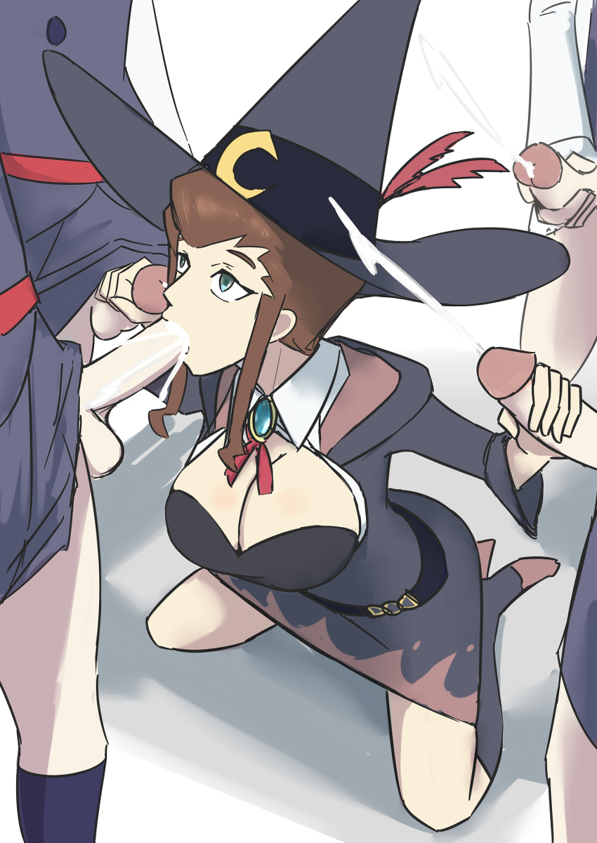 1girl 4futa anne_finneran breasts cleavage cum cum_in_mouth diooksan fellatio futa_with_female futanari handjob highres large_breasts little_witch_academia masturbation multiple_futa oksandio oral penis tagme testicles uncensored