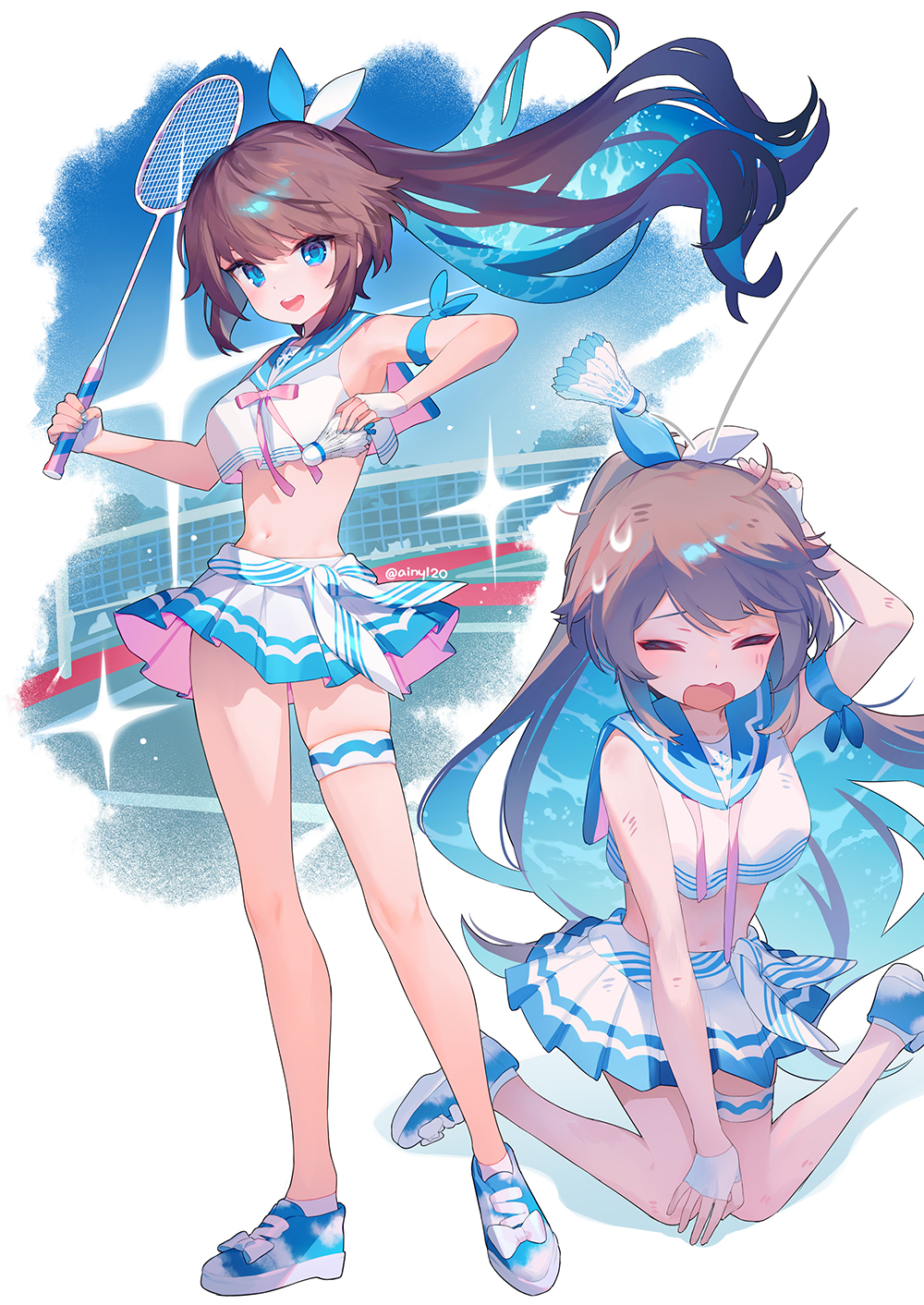 1girl ainy badminton_racket blue_eyes blue_footwear blue_hair blue_nails blue_sailor_collar blush breasts brown_hair closed_eyes colored_inner_hair commentary_request fingerless_gloves fingernails floating_hair full_body gloves hair_ribbon highres holding holding_racket long_hair looking_at_viewer medium_breasts midriff miniskirt multicolored_hair multiple_views nail_polish navel open_clothes original outside_border pink_ribbon pink_skirt pleated_skirt ponytail racket ribbon sailor_collar shirt shoes shuttlecock sitting skirt sleeveless sleeveless_shirt smile sneakers socks standing sweat teeth tennis_net thigh_strap twitter_username two-sided_fabric two-sided_skirt two-tone_hair two-tone_skirt upper_teeth_only very_long_hair wariza white_gloves white_shirt white_skirt white_socks