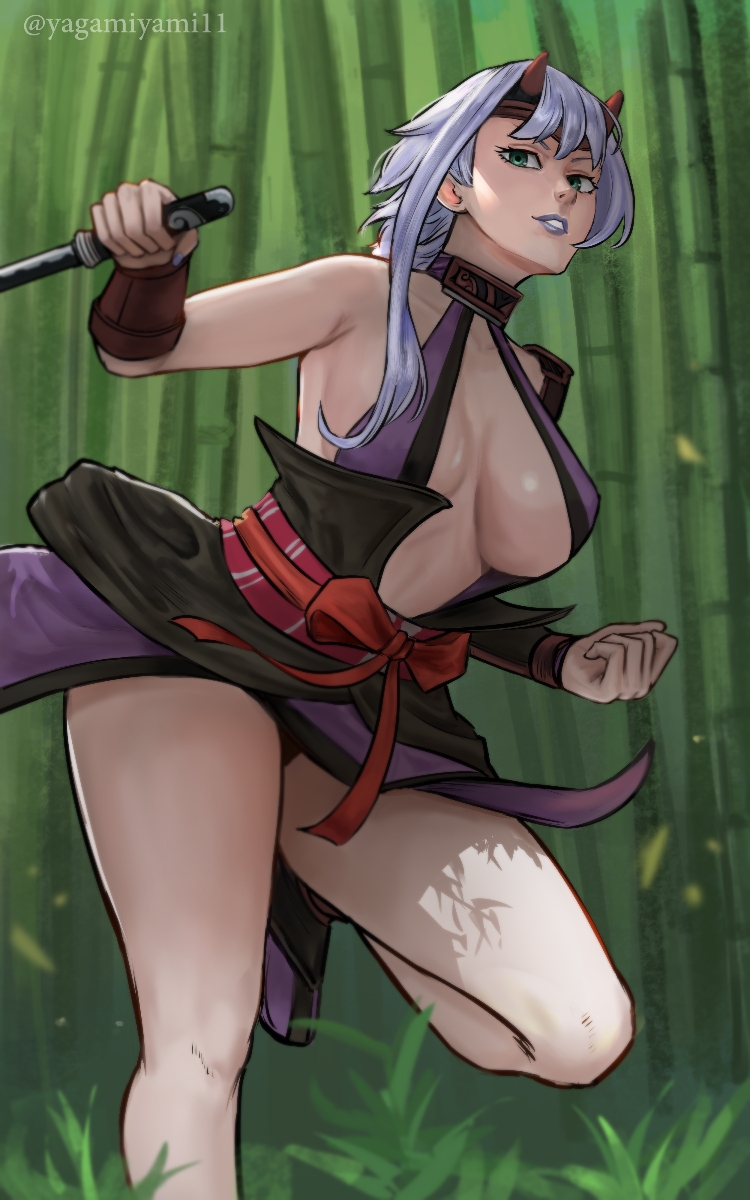 1girl armor bamboo bamboo_forest bare_shoulders black_panties blue_eyes blue_hair breasts choker cleavage collarbone commentary forest gauntlets headgear highres holding holding_knife horn_ornament horns japanese_armor japanese_clothes knife large_breasts looking_at_viewer nature ninja panties purple_lips queen&#039;s_blade sash shizuka_(queen&#039;s_blade) short_hair short_sword shoulder_armor solo sword underwear weapon yagami11