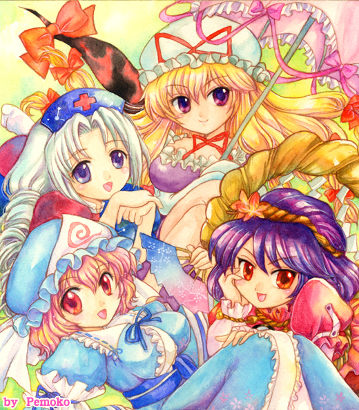 4girls bad_id bad_pixiv_id blonde_hair bow breasts dress female_focus gap_(touhou) gradient_background hair_bow hat long_hair multiple_girls multiple_hair_bows pemoko pink_eyes pink_hair purple_eyes purple_hair red_eyes ribbon saigyouji_yuyuko short_hair silver_hair touhou umbrella yagokoro_eirin yakumo_yukari yasaka_kanako