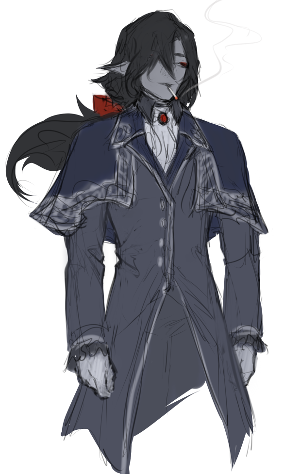 1boy arm_at_side ascot atanese_(nat_the_lich) black_coat black_hair black_pants blue_capelet capelet cigarette coat cropped_legs dungeons_&amp;_dragons eyeshadow gloves hair_over_one_eye long_hair makeup male_focus mouth_hold nat_the_lich original pants pointy_ears red_eyeshadow simple_background smoke smoke_trail smoking solo white_ascot white_background white_gloves