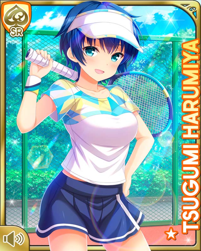 1girl :d aqua_eyes blouse blue_hair blue_skirt bow bowtie breasts card_(medium) character_name day girlfriend_(kari) green_eyes harumiya_tsugumi looking_at_viewer official_art open_mouth outdoors pleated_skirt qp:flapper racket shirt short_hair skirt smile sportswear standing sunvisor tagme tennis_court tennis_racket tennis_uniform tomboy white_headwear white_shirt