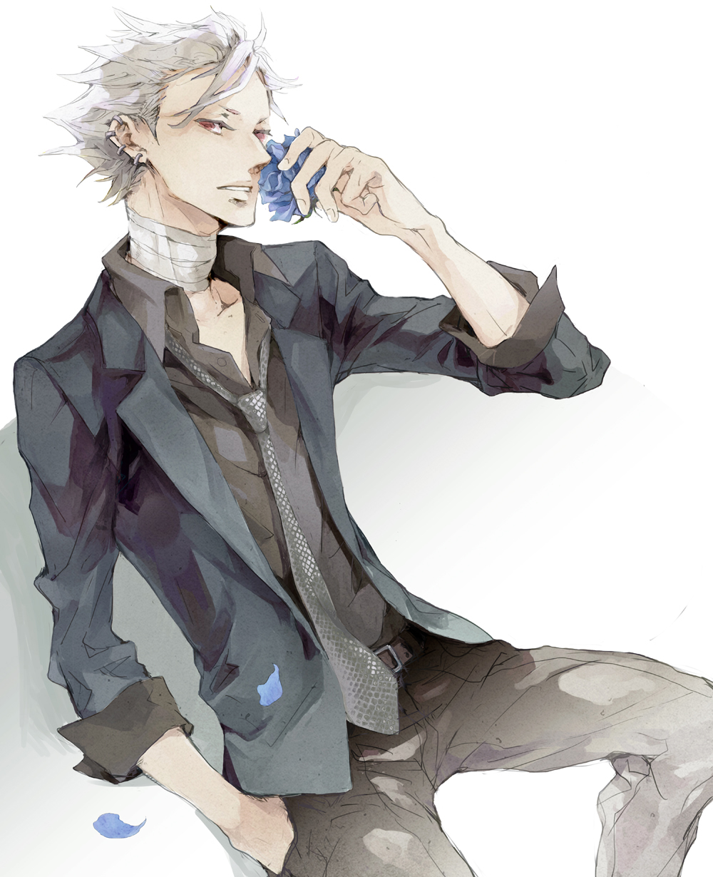 1boy bandages blue_flower blue_rose dogs:_bullets_&amp;_carnage earrings flower formal_clothes haine_rammsteiner highres jewelry male_focus necktie nyanko_33 red_eyes rose solo suit white_hair