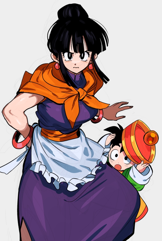 1boy 1girl apron black_eyes black_hair blunt_bangs blunt_sidelocks bracelet bright_pupils chi-chi_(dragon_ball) child chinese_clothes chinese_hat commentary_request dragon_ball dragonball_z earrings grey_background hair_bun jewelry mother_and_son multiple_bracelets nanika_(nnkgh) side_slit sketch sleeveless son_gohan spiked_hair toddler waist_apron white_apron white_pupils wide-eyed