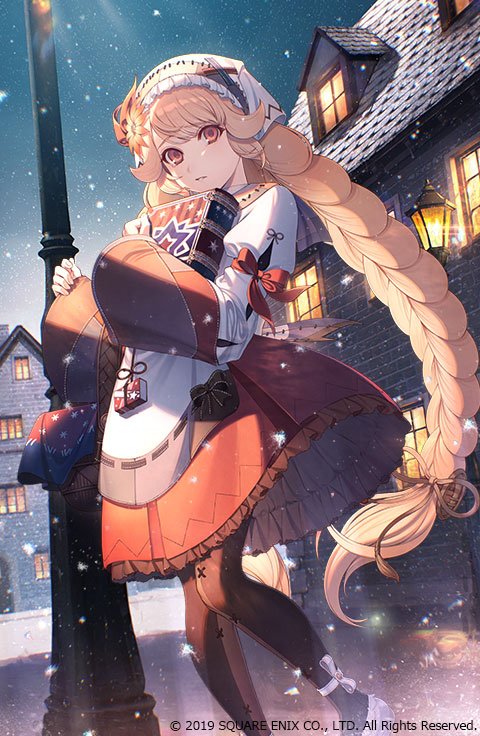 1girl apron book braid brown_thighhighs copyright_notice grimms_echoes holding holding_book little_match_girl_(grimms_echoes) long_hair official_art open_mouth orange_hair red_ribbon ribbon shirotaka_(5choume) snow solo standing teeth thighhighs twin_braids white_apron white_footwear white_headdress