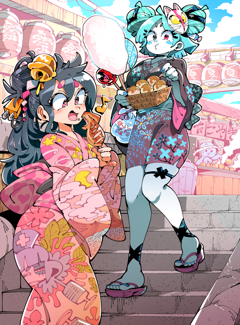 2girls aqua_hair bell blue_nails blue_sky blush breasts choker closed_mouth cloud colored_skin cowboy_shot crescent_moon eating electric_plug feet food full_body grey_eyes grey_hair hair_bell hair_ornament hands_up heart heart-shaped_pupils heterochromia holding japanese_clothes jingle_bell kafun kimono long_hair looking_at_viewer mask mask_on_head moon multiple_girls musical_note open_mouth original pink_eyes pink_kimono sandals short_eyebrows skindentation sky stairs symbol-shaped_pupils thick_eyebrows thigh_strap white_skin