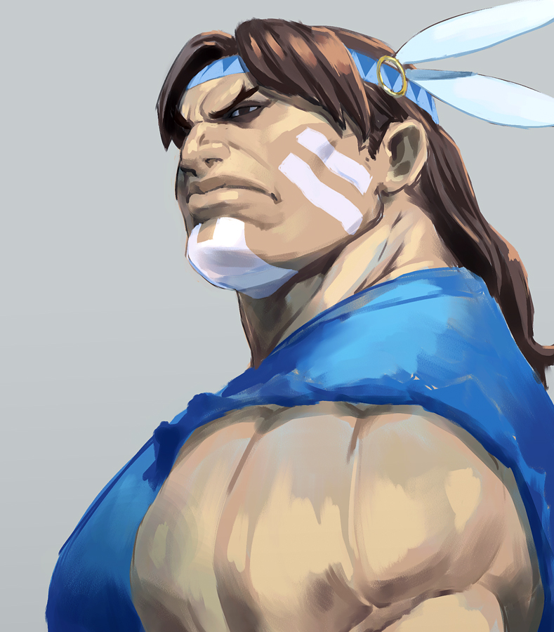 1boy brown_hair capcom chyko facepaint long_hair male_focus manly mexico native_american serious simple_background solo street_fighter thunder_hawk