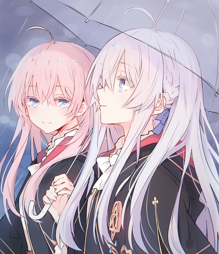 2girls ahoge black_robe blouse blue_eyes braid brooch closed_mouth collared_shirt commentary elaina_(majo_no_tabitabi) from_side grey_hair hair_between_eyes holding holding_umbrella houki_(majo_no_tabitabi) jewelry lionet0806 long_hair looking_at_another majo_no_tabitabi multiple_girls no_headwear pink_hair rain robe shared_umbrella shirt smile transparent transparent_umbrella umbrella upper_body white_shirt