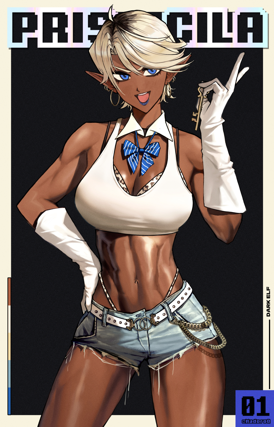 1girl abs animal_print bare_shoulders blue_bow blue_eyes blue_lips border bow breasts chain cleavage commentary dark-skinned_female dark_elf dark_skin denim denim_shorts detached_collar earrings elf english_commentary gloves hand_on_own_hip highres holding holding_key hoop_earrings jewelry key leopard_print madoro_q mixed-language_commentary multicolored_hair muscular muscular_female navel open_mouth original pointy_ears short_hair shorts solo two-tone_hair v white_gloves