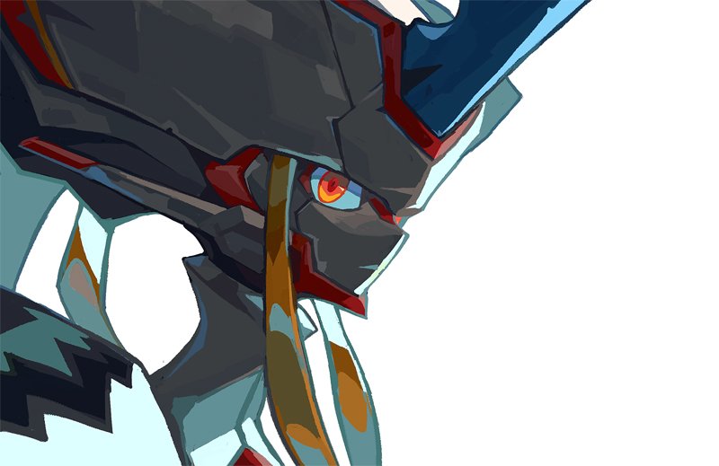 1girl closed_mouth darling_in_the_franxx horns looking_at_viewer mecha niking red_eyes robot simple_background single_horn solo strelizia white_background