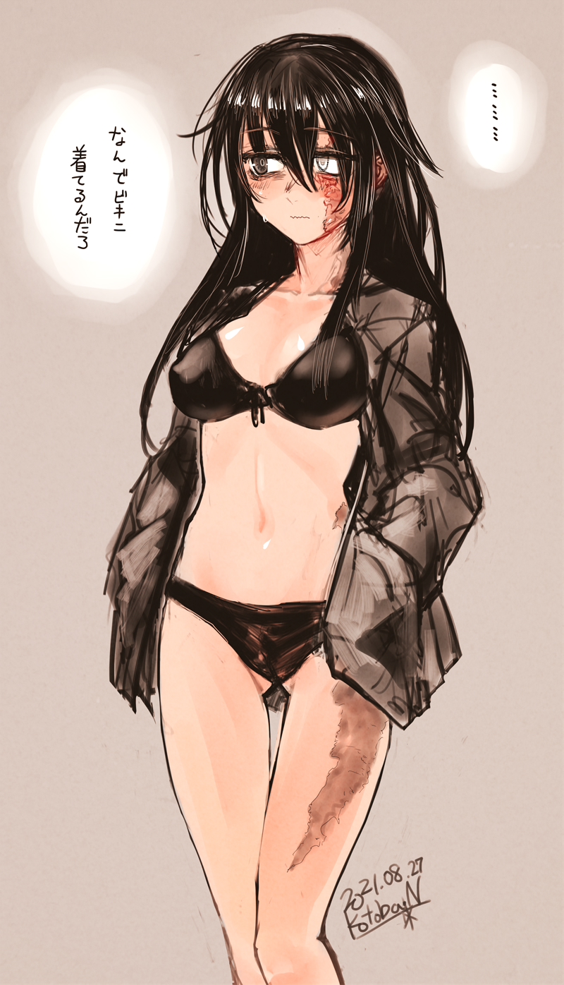 ... 1girl bikini black_bikini black_hair breasts burn_scar closed_mouth dated gluteal_fold grey_background grey_eyes grey_jacket hair_between_eyes hair_flaps hands_in_pockets heterochromia highres jacket karahara_shima kotoba_noriaki large_breasts long_hair long_sleeves navel open_clothes open_jacket original scar scar_on_face signature solo standing swimsuit thigh_gap translation_request