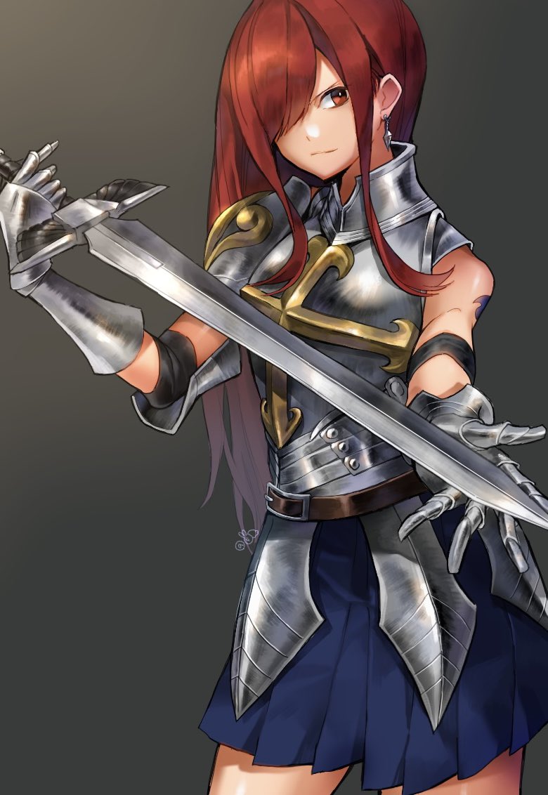 1girl arm_tattoo armor belt blue_skirt breastplate brown_belt closed_mouth cowboy_shot earrings erza_scarlet fairy_tail gauntlets gradient_background grey_eyes hair_over_one_eye jewelry long_hair looking_at_viewer pleated_skirt red_eyes red_hair shoulder_armor skirt solo tattoo usagi448