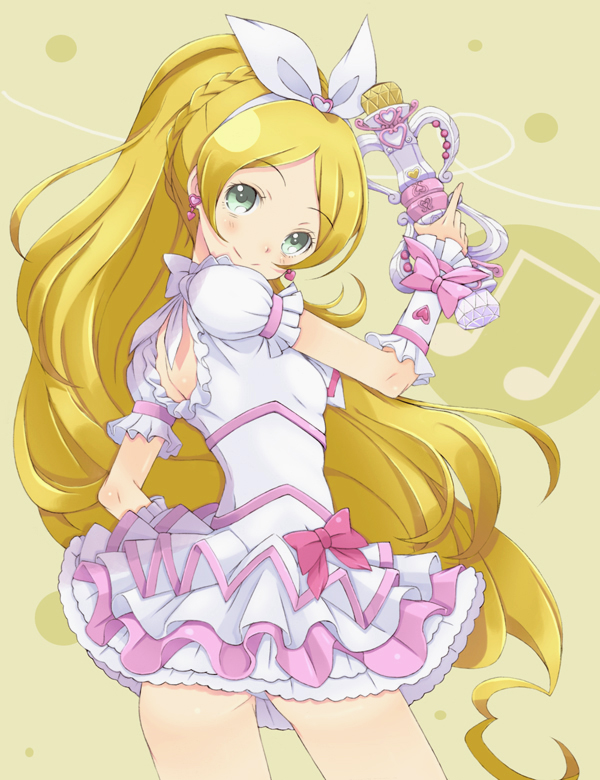 10s 1girl bad_id bad_pixiv_id beamed_quavers blonde_hair bow braid cure_rhythm dress earrings female_focus frills green_eyes hair_ribbon hairband hand_on_own_hip heart hip_focus jewelry kannagi_kaname long_hair looking_back magical_girl minamino_kanade musical_note precure ribbon smile solo suite_precure wand wrist_cuffs yellow_background