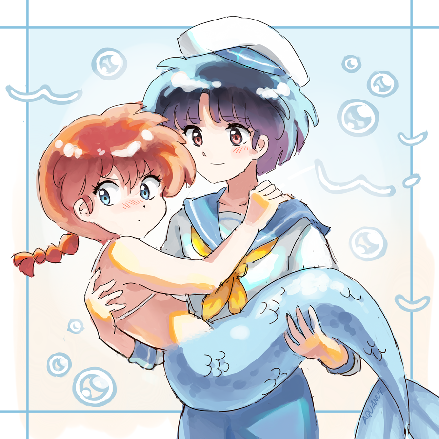 2girls aquanut blue_eyes blue_hair blue_sailor_collar blush braid braided_ponytail bubble mermaid monster_girl multiple_girls ranma-chan ranma_1/2 red_hair ribbon sailor_collar short_hair smile tendou_akane yellow_ribbon