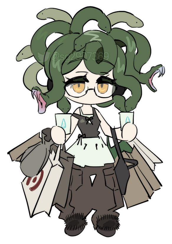 1girl bag baggy_pants chibi closed_mouth cup full_body glasses headphones holding holding_cup long_hair looking_at_viewer original pants sg2907369 shopping_bag simple_background skirt snake_hair solo standing white_background yellow_eyes