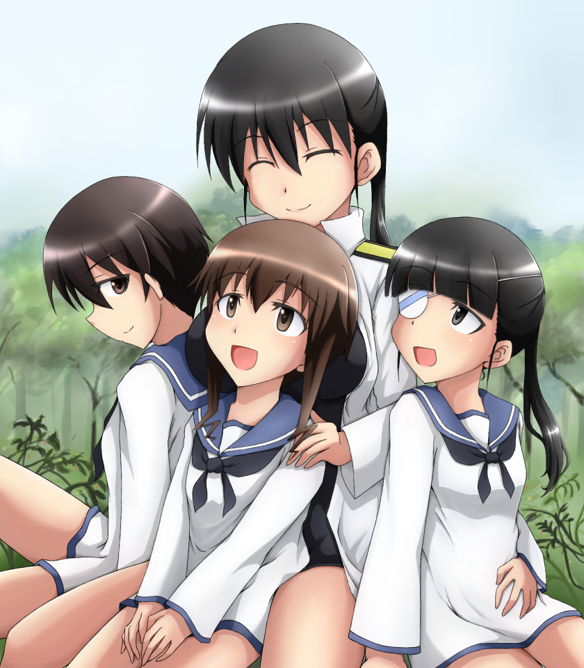 4girls aged_down black_eyes black_hair brown_eyes brown_hair closed_eyes day eyepatch field grass hand_on_shoulder isosceles_triangle_(xyzxyzxyz) kitagou_fumika long_hair looking_at_another multiple_girls ponytail sakamoto_mio short_hair sitting sitting_on_lap sitting_on_person sky smile strike_witches strike_witches:_kurenai_no_majo-tachi strike_witches_zero swimsuit swimsuit_under_clothes takei_junko uniform wakamoto_tetsuko world_witches_series