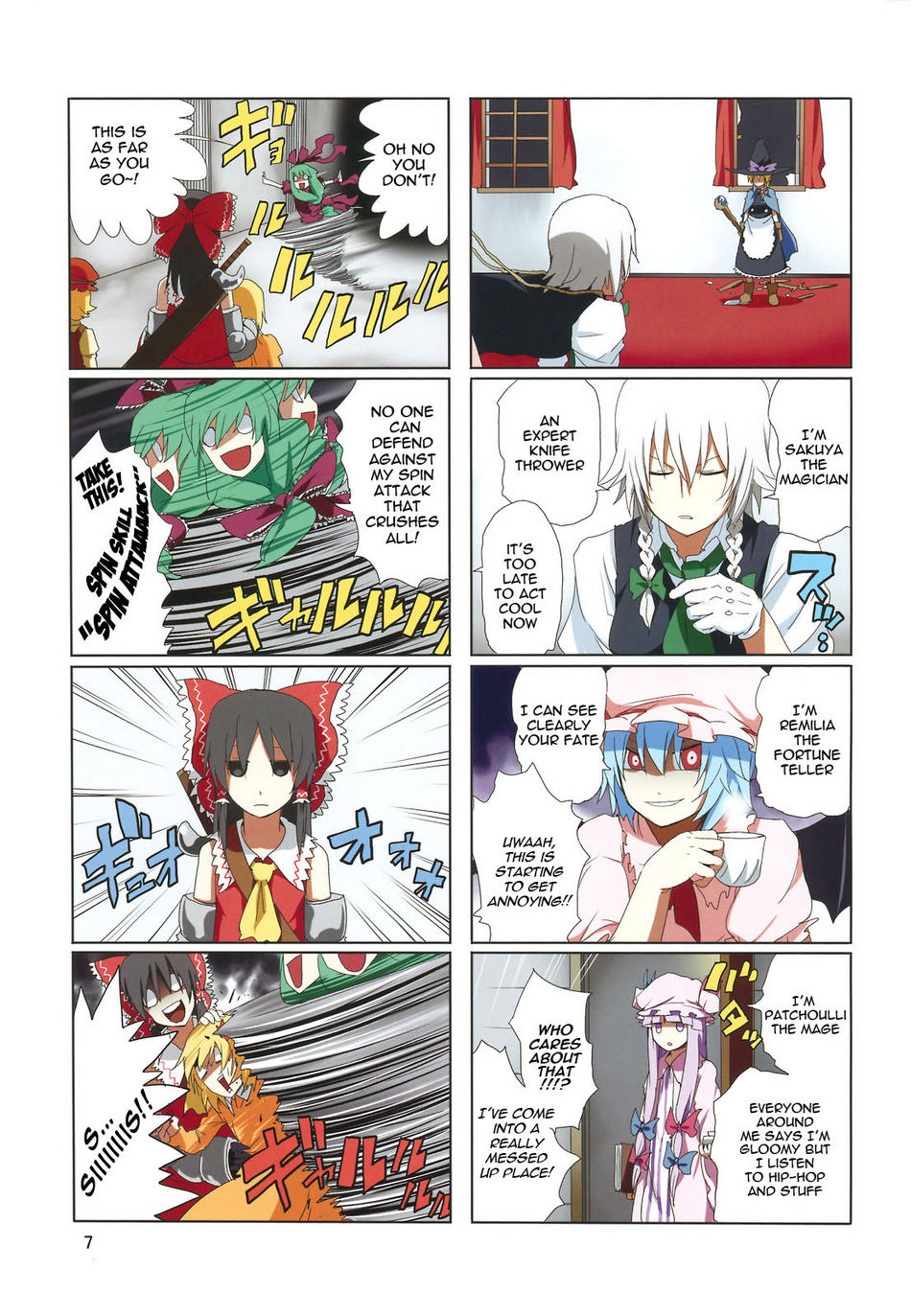 4koma 6+girls aki_minoriko aki_shizuha comic english_text female_focus hakurei_reimu hard-translated highres human_shield izayoi_sakuya kagiyama_hina kirisame_marisa multiple_4koma multiple_girls pageratta patchouli_knowledge remilia_scarlet third-party_edit touhou translated