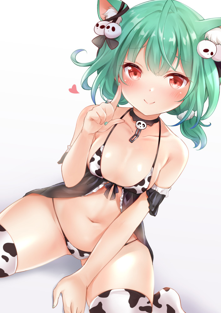 1girl ahoge animal_ear_fluff animal_ears animal_print babydoll bare_shoulders bell between_legs bikini black_choker blush breasts cat_ears choker closed_mouth collar collarbone commentary_request cow_print cow_print_bikini detached_sleeves frilled_babydoll front-tie_top green_hair groin hair_ornament hand_up heart hololive index_finger_raised kemonomimi_mode looking_at_viewer low_twintails navel nikoo print_bikini red_eyes short_twintails simple_background sitting skull_hair_ornament small_breasts smile solo stomach swimsuit thighhighs twintails uruha_rushia virtual_youtuber wariza