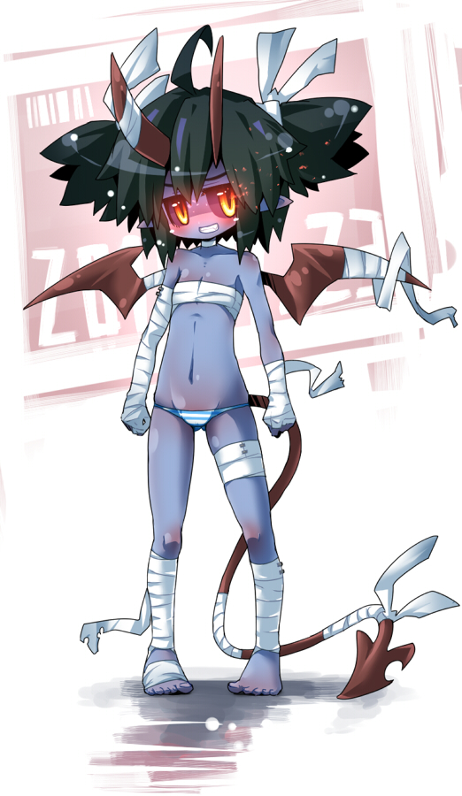 1girl ahoge az:u bandages black_sclera blue_skin blush colored_sclera colored_skin demon_girl female_focus flat_chest glowing glowing_eyes grin groin horns original panties pigeon-toed pointy_ears sarashi short_twintails smile solo tail twintails underwear underwear_only wings