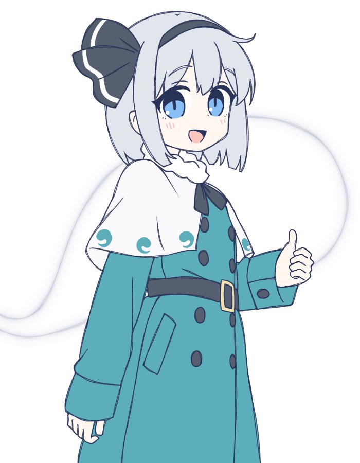 1girl :d alternate_costume belt black_belt black_bow black_bowtie black_hairband blue_eyes blush bob_cut bow bowtie buttons capelet coat commentary cowboy_shot double-breasted ghost ghost_print green_coat grey_hair hair_bow hairband ketsumaimo konpaku_youmu konpaku_youmu_(ghost) long_sleeves looking_at_viewer open_mouth short_hair simple_background smile solo thumbs_up touhou white_background white_capelet