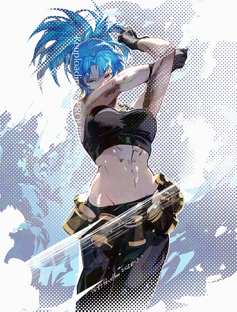 1girl ammunition_belt bare_shoulders black_gloves black_tank_top blue_hair breasts cargo_pants cofffee crop_top earrings gloves jewelry leona_heidern midriff navel pants ponytail signature sleeveless soldier solo tank_top the_king_of_fighters the_king_of_fighters_xiii toned triangle_earrings