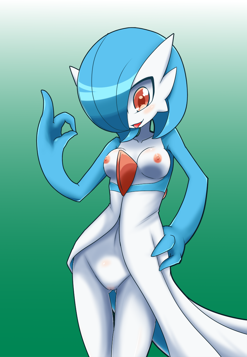 1girl alternate_color blue_hair blush breasts collarbone creatures_(company) female_focus game_freak gardevoir gen_3_pokemon gradient_background green_background hair_over_one_eye hand_on_own_hip hand_up highres looking_down medium_breasts navel neichii nintendo nipples open_mouth pokemon pokemon_(creature) pussy red_eyes shiny_pokemon short_hair simple_background smile solo standing tongue tongue_out uncensored