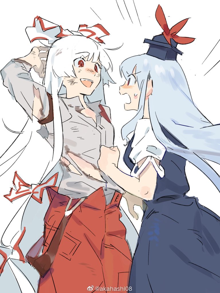 2girls arm_up blue_hair blue_headwear blush bow breasts collared_shirt commentary cowboy_shot dirty dirty_clothes dirty_face emphasis_lines fujiwara_no_mokou grey_shirt hair_bow hand_on_own_head hat injury iovebly kamishirasawa_keine light_blue_hair long_hair long_sleeves looking_at_another medium_breasts multiple_girls open_mouth pants red_eyes red_pants shirt simple_background sketch small_breasts straight_hair suspenders sweatdrop symbol-only_commentary torn_clothes touhou very_long_hair weibo_watermark white_background white_hair worried