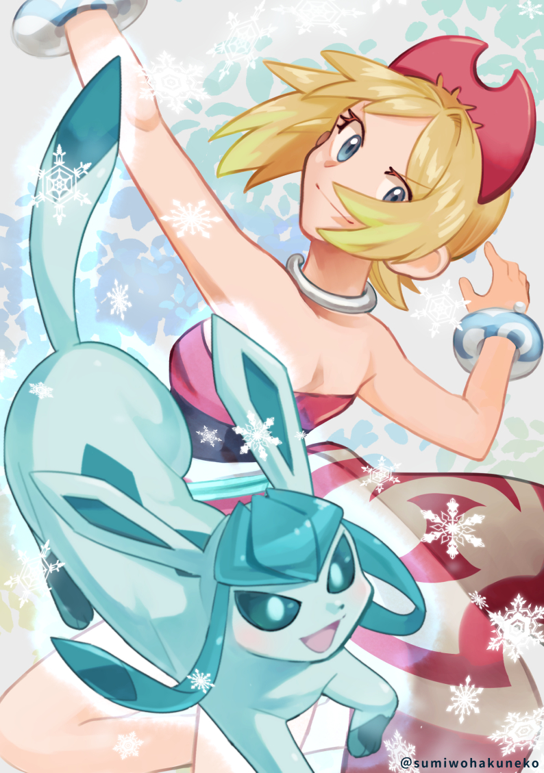 1girl arm_up blonde_hair blue_eyes bracelet breasts closed_mouth collar commentary_request creatures_(company) eyelashes game_freak gen_4_pokemon glaceon hairband hand_up irida_(pokemon) jewelry leg_up nintendo pokemon pokemon_(creature) pokemon_legends:_arceus red_hairband red_shirt shirt short_hair smile snowflakes sumi_wo_hakuneko twitter_username