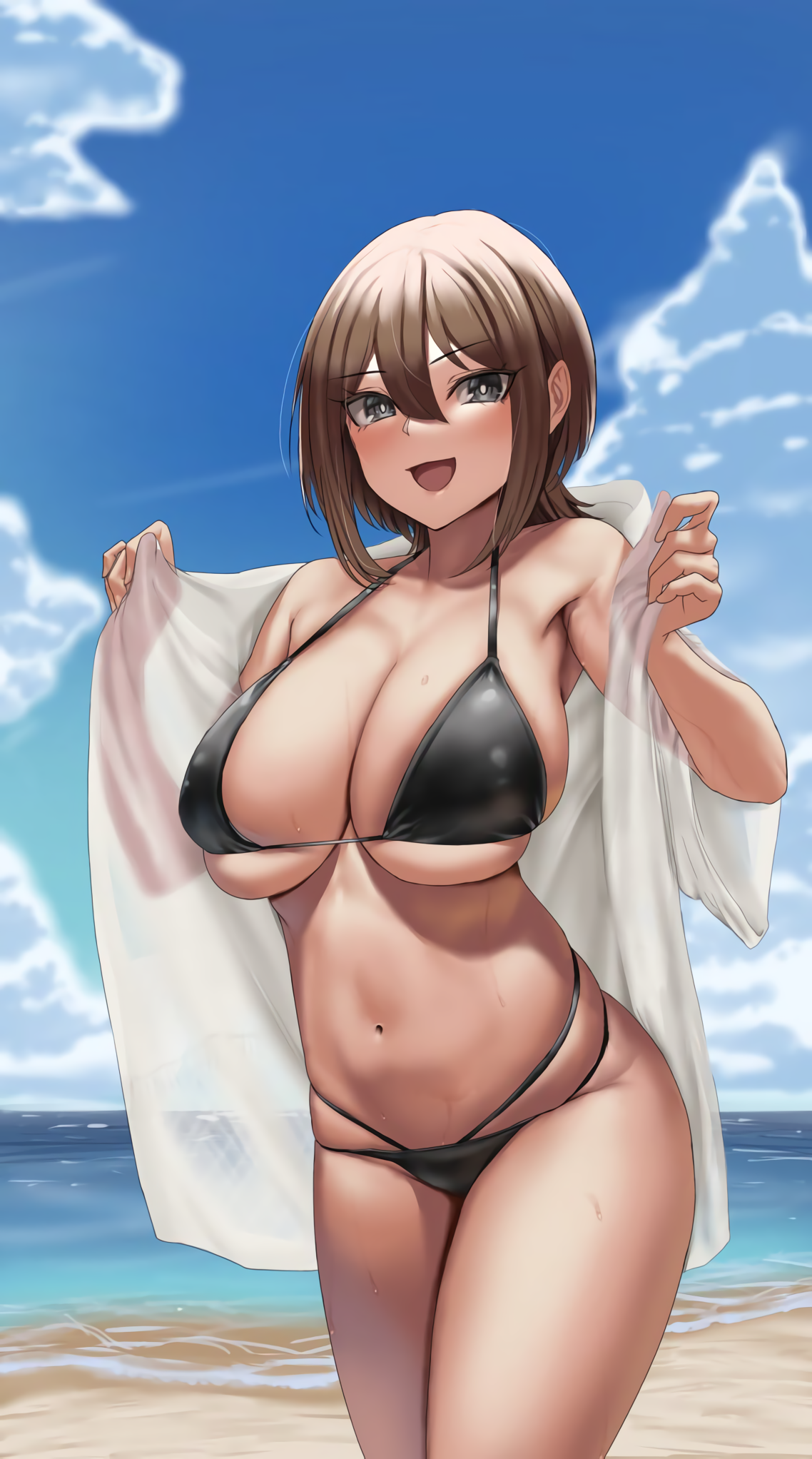 artist request, character request, highres, 1girl, beach, bikini, black  bikini, breasts, brown hair, cleavage, grey eyes, large breasts, legs,  navel, ocean, open mouth, smile, solo, sweat, swimsuit, thick thighs,  thighs, thong bikini,