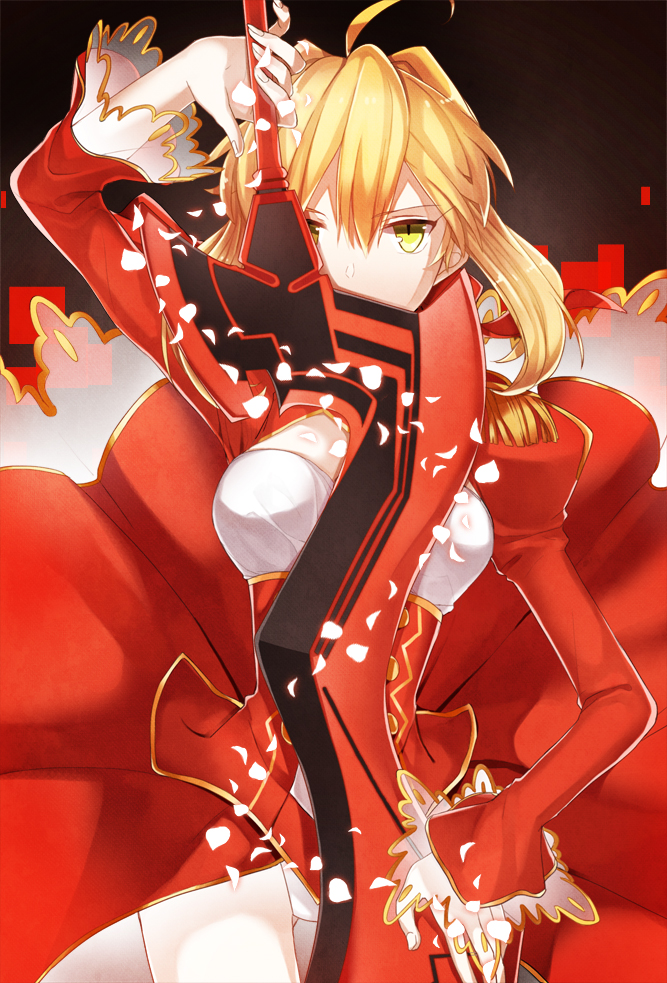 10s 1girl aestus_estus ahoge blonde_hair breasts cleavage dress epaulettes fate/extra fate_(series) female_focus green_eyes hair_ribbon juugonichi_(wheeliex2) nero_claudius_(fate) nero_claudius_(fate)_(all) nero_claudius_(fate/extra) petals red_dress ribbon see-through_clothes short_hair solo sword weapon