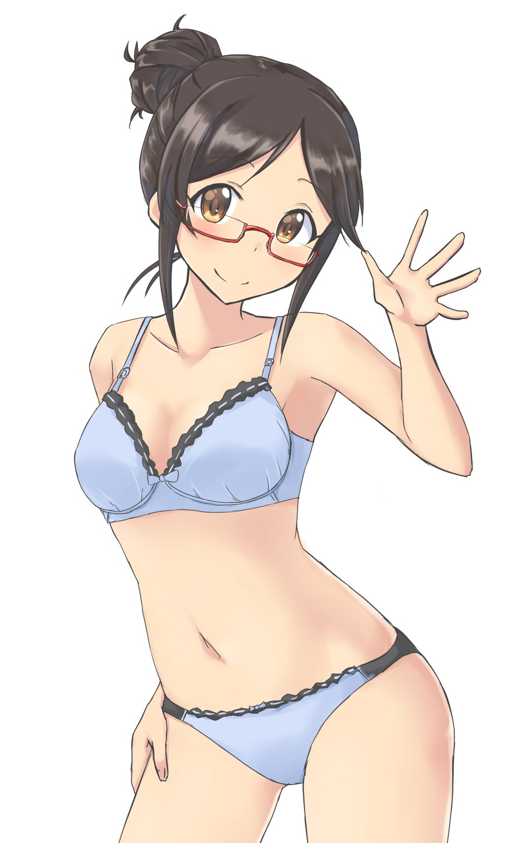 1girl aimobake bespectacled black_hair blue_bra blue_panties blush bow bow_bra bra breasts brown_eyes closed_mouth cowboy_shot glasses hair_bun hand_on_own_hip head_tilt highres idolmaster idolmaster_cinderella_girls looking_at_viewer medium_breasts momoi_azuki navel panties red-framed_eyewear sidelocks simple_background single_hair_bun smile solo standing swept_bangs underwear underwear_only waving white_background