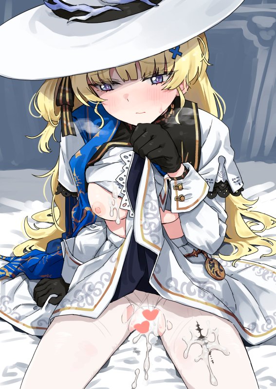 1girl black_gloves blonde_hair blush closed_mouth cum cum_in_pussy dress gloves hat kusugi_tai long_hair nipples phoebe_(wuthering_waves) white_dress white_hat wuthering_waves