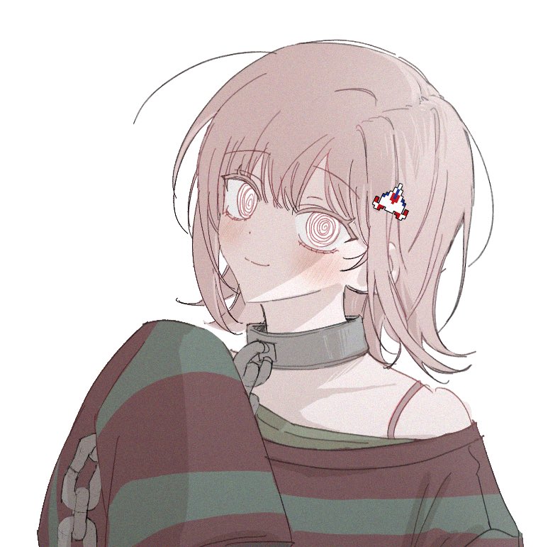 1girl bare_shoulders brown_shirt chain chain_leash closed_mouth collar cosplay crazy_eyes danganronpa_(series) danganronpa_2:_goodbye_despair flipped_hair galaga grey_background hair_ornament komaeda_nagito leash metal_collar nanami_chiaki pink_eyes servant_(danganronpa) servant_(danganronpa)_(cosplay) shirt simple_background sleeves_past_wrists smile solo striped_clothes striped_shirt vo3olv