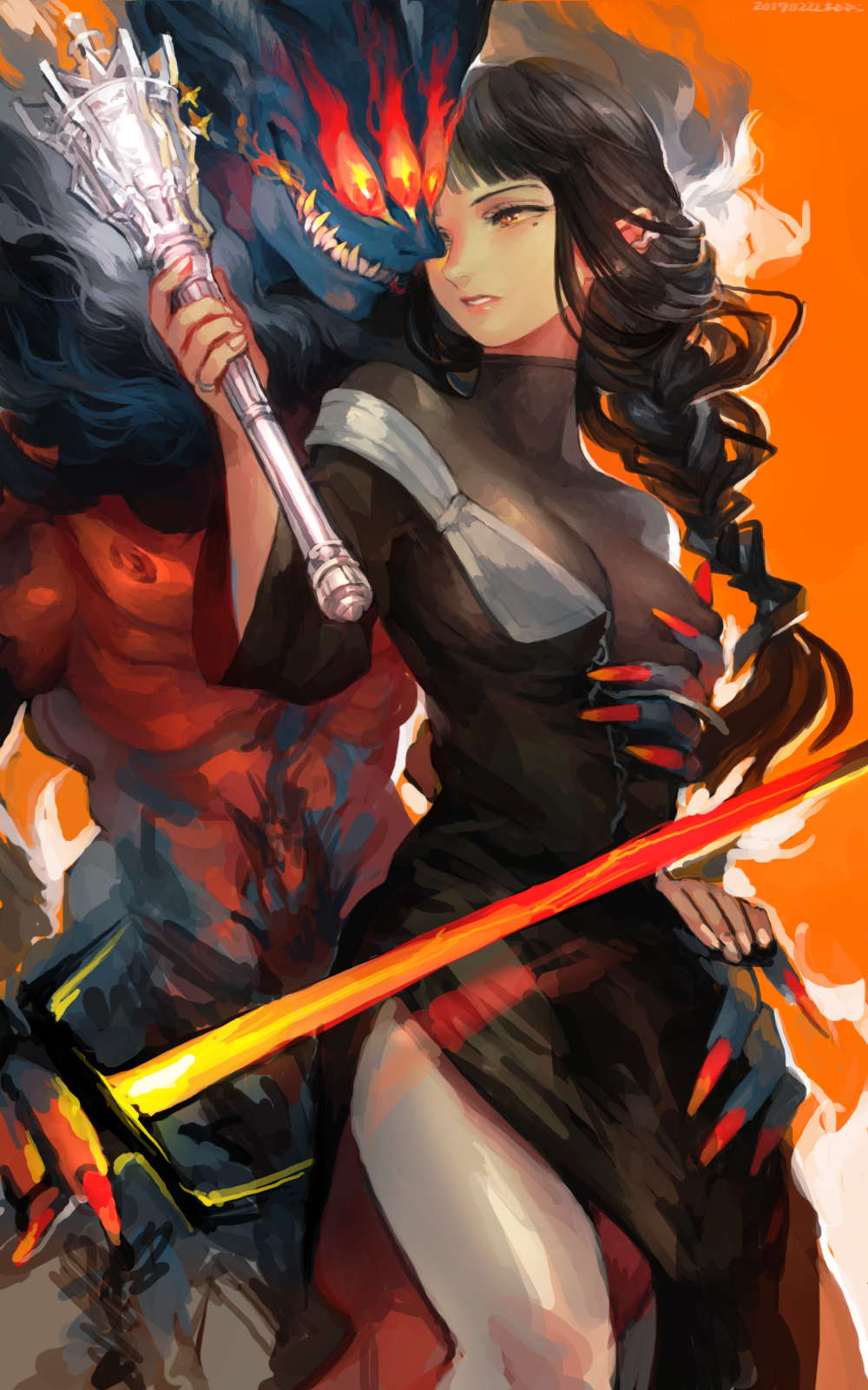 1boy 1girl akaneko_(redakanekocat) artist_name black_bodysuit black_dress black_hair bodysuit braid braided_ponytail breasts clenched_teeth commentary_request covered_erect_nipples dated dress extra_eyes flaming_eyes grabbing_another&#039;s_breast grabbing_from_behind groping highres holding holding_mace holding_saw holding_weapon jewelry long_hair mace mole mole_under_mouth off_shoulder orange_background original pink_lips pointy_ears red_eyes red_nails ring sharp_teeth side_slit teeth very_long_fingernails weapon wide_mouth