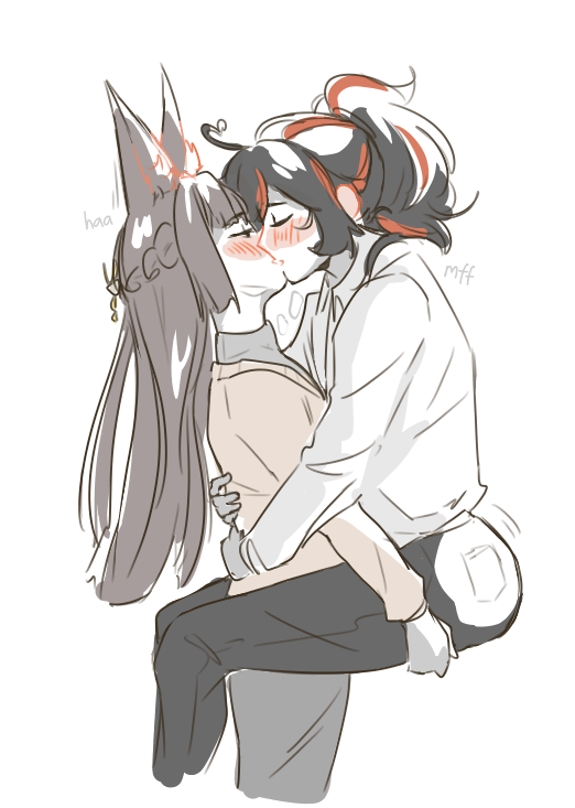 2girls animal_ears black_hair black_pants blush brown_hair carrying carrying_person closed_eyes commentary dymenia english_commentary fox_ears half_up_braid hoshimi_miyabi kiss long_hair multicolored_hair multiple_girls pants ponytail red_hair shirt simple_background streaked_hair white_background white_shirt yuri zenless_zone_zero zhu_yuan