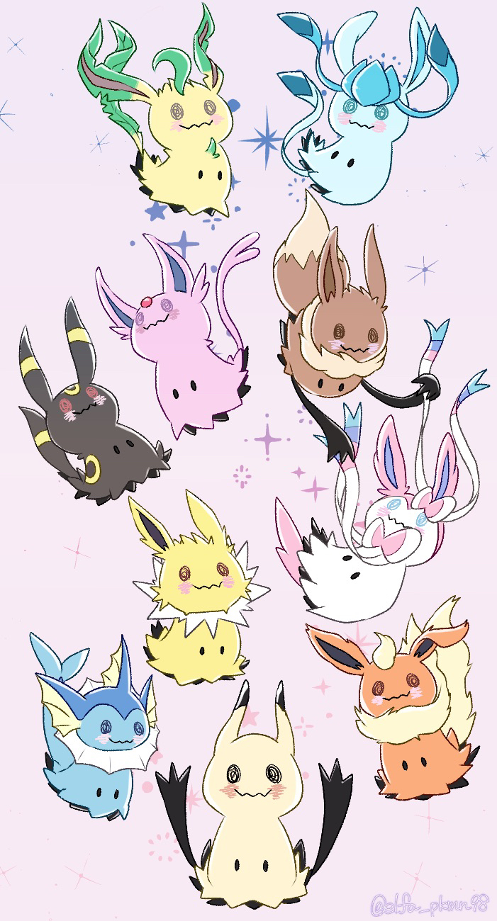 black_eyes blue_eyes brown_eyes commentary creatures_(company) eevee espeon flareon full_body game_freak gen_1_pokemon gen_2_pokemon gen_4_pokemon gen_6_pokemon gen_7_pokemon glaceon highres jolteon leafeon mimikyu nintendo no_humans pink_background pokemon pokemon_(creature) red_eyes smile star_(symbol) sylveon tail twitter_username umbreon vaporeon wecz7555