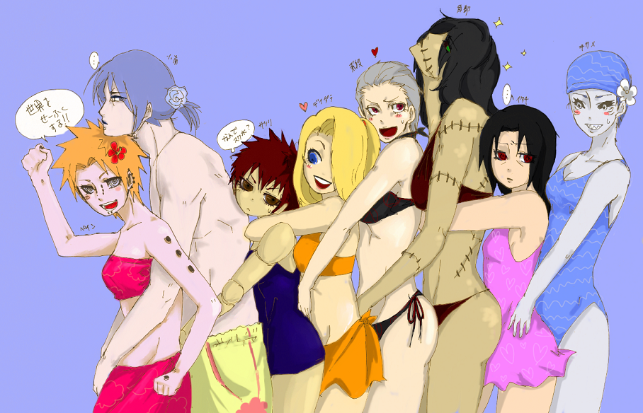 1boy 6+girls bikini breasts deep_atoa deidara_(naruto) genderswap genderswap_(ftm) genderswap_(mtf) hidan_(naruto) hoshigaki_kisame kakuzu_(naruto) konan_(naruto) labret_piercing large_breasts multiple_girls naruto_(series) naruto_shippuuden pain_(naruto) sasori_(naruto) short_hair swimsuit uchiha_itachi