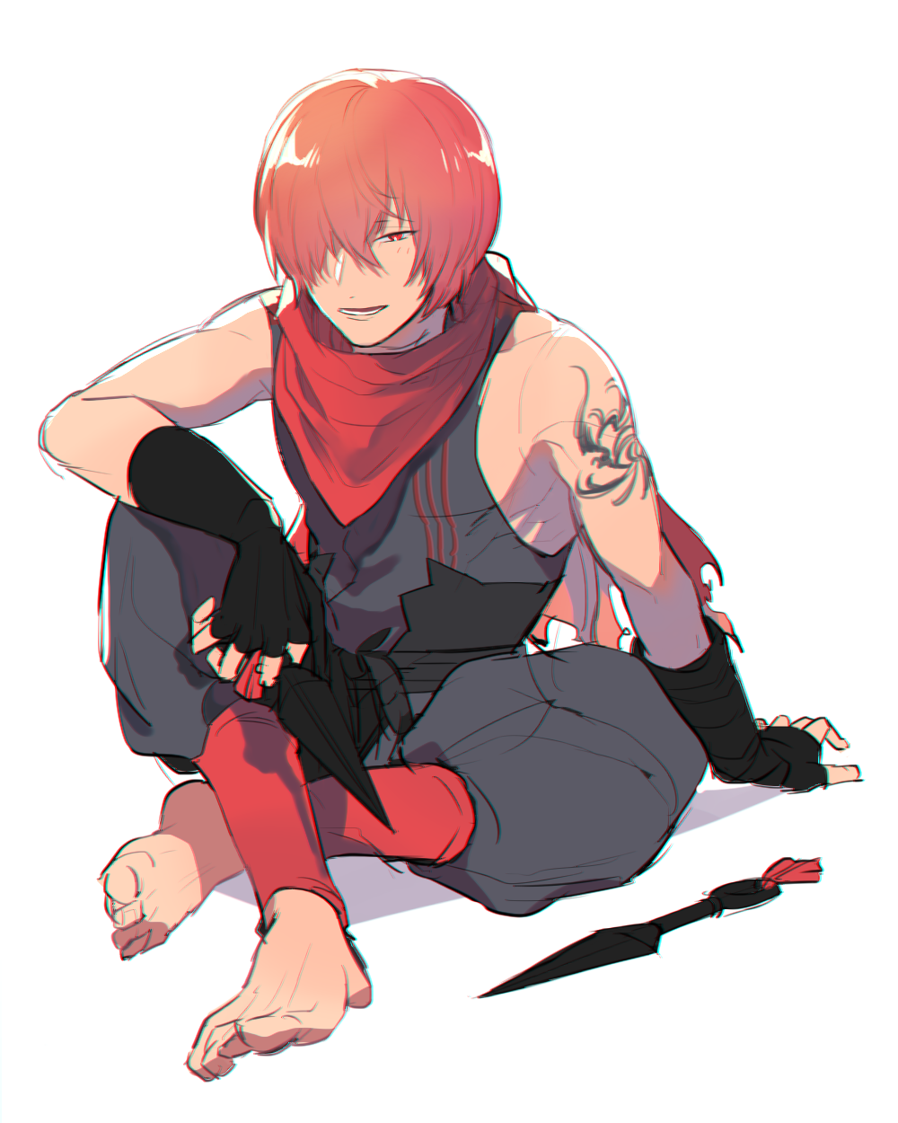 1boy bandana barefoot black_vest chromatic_aberration fate/grand_order fate_(series) fingerless_gloves fuuma_kotarou_(fate) gloves highres holding holding_weapon knee_up kunai lower_teeth_only male_focus open_mouth ororooops red_bandana red_eyes red_hair short_hair shoulder_tattoo simple_background sitting solo tattoo teeth vest weapon