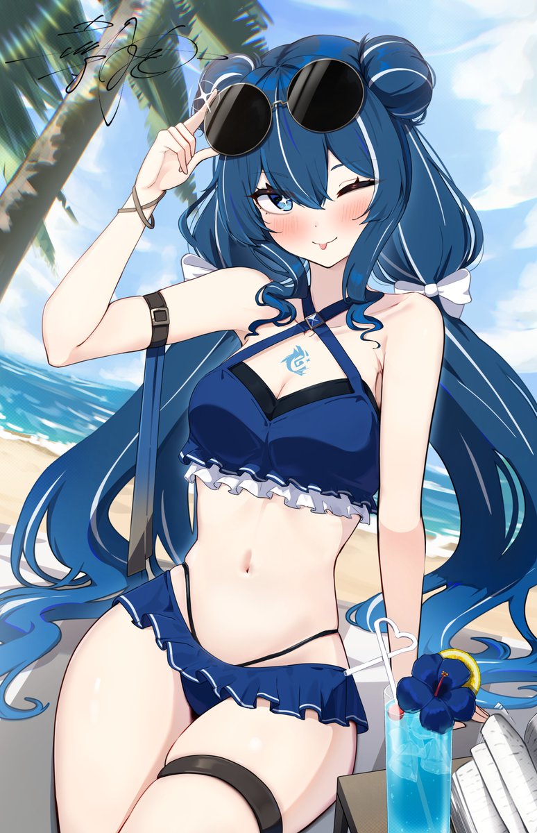 +_+ 1girl aallotar_(ac8231) beach bikini blue_bikini blue_eyes blue_hair blue_sky blush breasts chest_tattoo cleavage commission double_bun drink drinking_straw eyewear_on_head frilled_bikini frills hair_bun highres long_hair looking_at_viewer medium_breasts navel ocean one_eye_closed original outdoors round_eyewear sand shionootsu signature skeb_commission sky solo sparkling_eyes sunglasses swimsuit tattoo thigh_strap tongue tongue_out