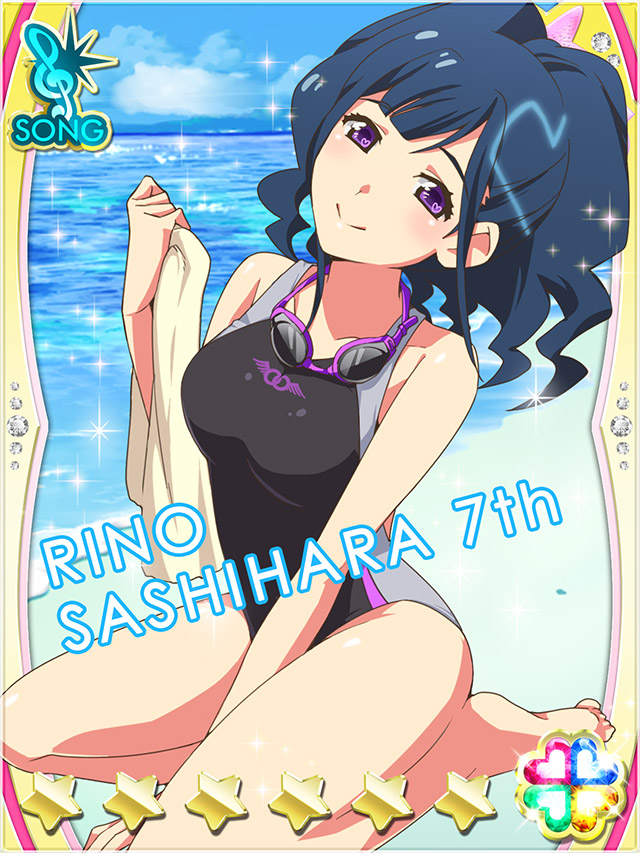 1girl akb0048 arm_between_legs barefoot beach blue_hair card_(medium) character_name closed_mouth competition_swimsuit full_body goggles goggles_around_neck head_tilt heart holding holding_towel looking_at_viewer medium_hair non-web_source ocean official_art one-piece_swimsuit outdoors purple_eyes sashihara_rino_(akb0048) seiza sitting smile solo sparkle star_(symbol) summer swim_goggles swimsuit towel treble_clef