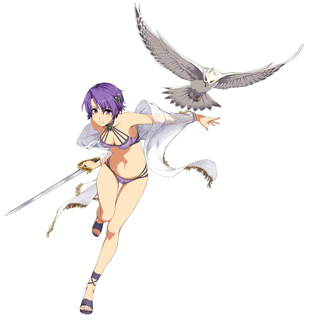 1girl akatsuki_no_kiseki alternate_costume bare_legs bare_shoulders bikini bird breasts cleavage closed_mouth collarbone eiyuu_densetsu full_body hair_between_eyes holding holding_sword holding_weapon kloe_rinz looking_at_viewer medium_breasts multi-strapped_bikini_bottom navel official_art purple_bikini purple_eyes purple_hair short_hair sieg_(eiyuu_densetsu) simple_background small_breasts smile solo sora_no_kiseki swimsuit sword thigh_gap weapon white_background