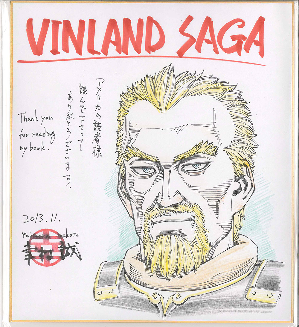 10s 1boy 2013 artist_name askeladd beard blonde_hair blue_eyes copyright_name dated english_text facial_hair happy looking_at_viewer male_focus manly official_art short_hair signature simple_background sketch smile solo spiked_hair thank_you translation_request vinland_saga white_background yukimura_makoto