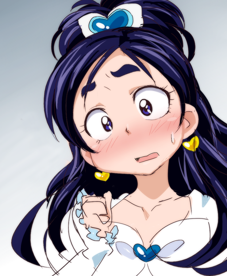 10s 1girl 2016 blue_eyes blue_hair blush close-up collarbone cure_white earrings embarrassed futari_wa_precure gradient_background hair_ornament heart heart_hair_ornament jewelry long_hair looking_at_viewer magical_girl matching_hair/eyes oimanji open_mouth precure solo sweatdrop yukishiro_honoka