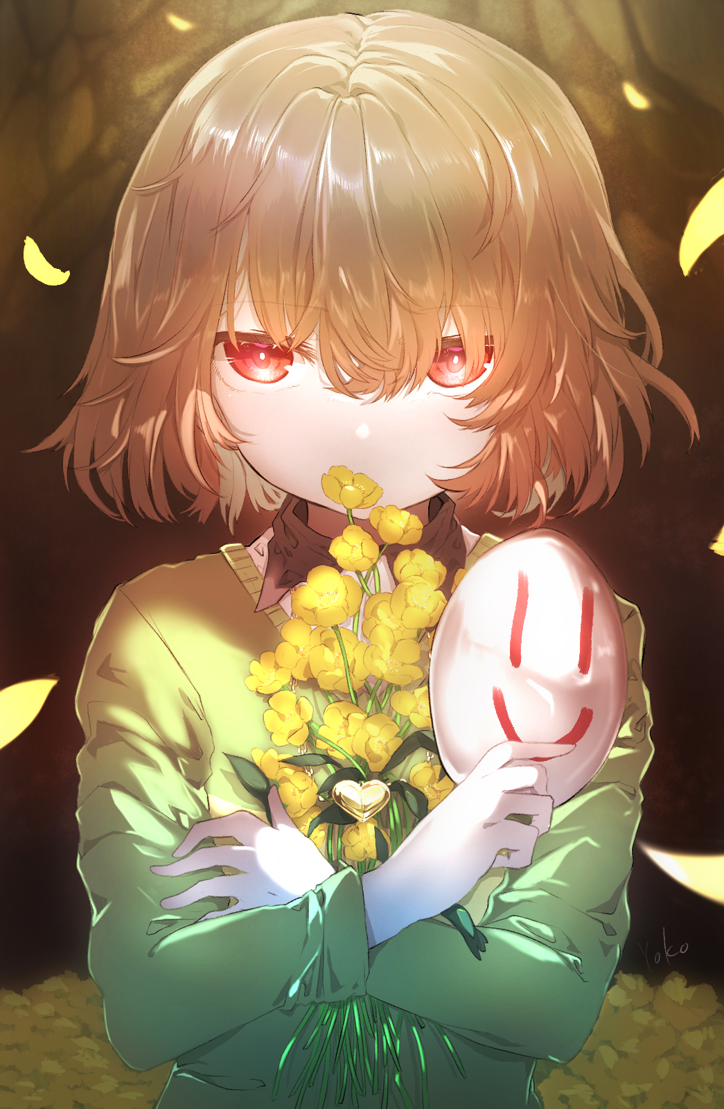 1other bouquet brown_hair brown_shirt buttercup_(flower) chara_(undertale) closed_mouth collared_shirt flower green_sweater highres holding holding_bouquet holding_mask long_sleeves mask medium_hair red_eyes shirt solo sweater undertale upper_body yellow_flower yokogon