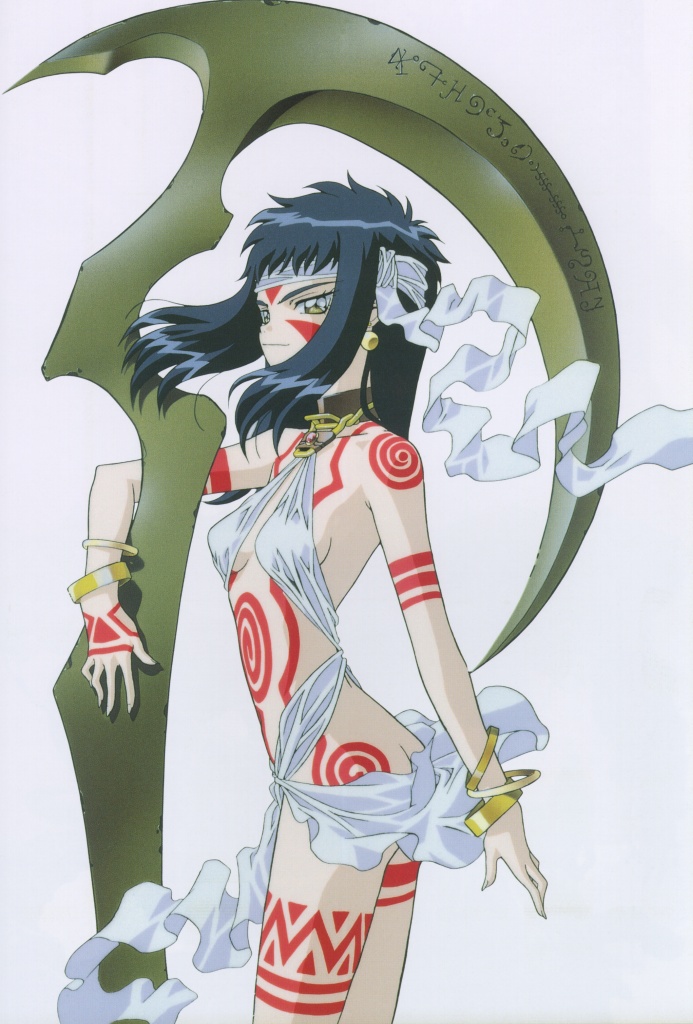 1990s_(style) 1girl ass blue_hair bodypaint bracelet choker earrings female_focus headband jewelry long_hair lots_of_jewelry neo_ranga official_art retro_artstyle scan scythe shimabara_yuuhi simple_background solo tribal yellow_eyes yuuhi