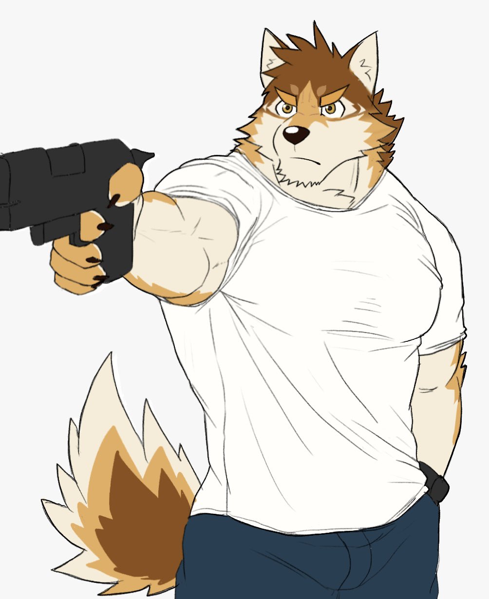 2024_summer_olympics aiming animal_ear_fluff animal_ears barrel_(live_a_hero) blue_pants brown_fur claws commentary_request derivative_work dog_boy dog_ears dog_tail gun hand_in_pocket handgun highres holding holding_gun holding_weapon live_a_hero meme nikukyu299paw olympics outstretched_hand pants shirt tail weapon white_background white_shirt yusuf_dikec_(meme)