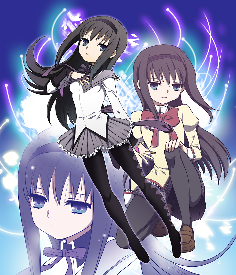 10s akemi_homura akemi_homura_(magical_girl) black_hair blue_eyes hairband hato_niku long_hair mahou_shoujo_madoka_magica mahou_shoujo_madoka_magica_(anime) pantyhose school_uniform